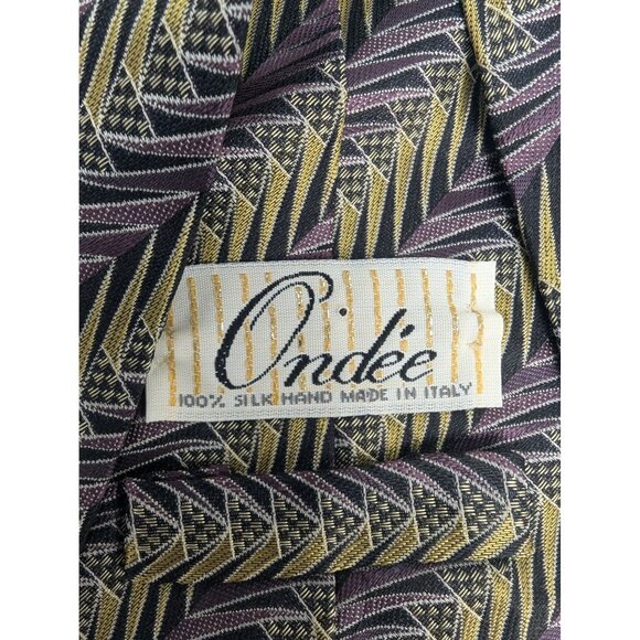 Ondee Men Silk Necktie Purple Gold Geometric Design 58 Inch Made in Italy - Picture 5 of 6